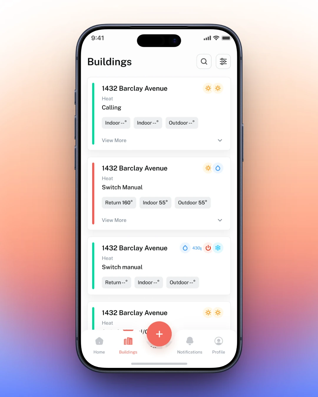 The buildings list screen: a card per building, each showing a heat status, an indoor and outdoor temperature reading, and a state such as Calling or Switch Manual, with a view more control to expand it.