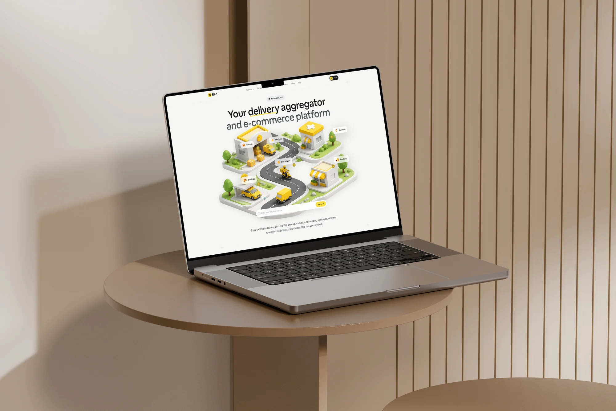 The Bee website open on a laptop, headlined "Your delivery aggregator and e-commerce platform", with an illustrated map of its delivery, mall, pharmacy, food and ride services and a parcel tracking field.