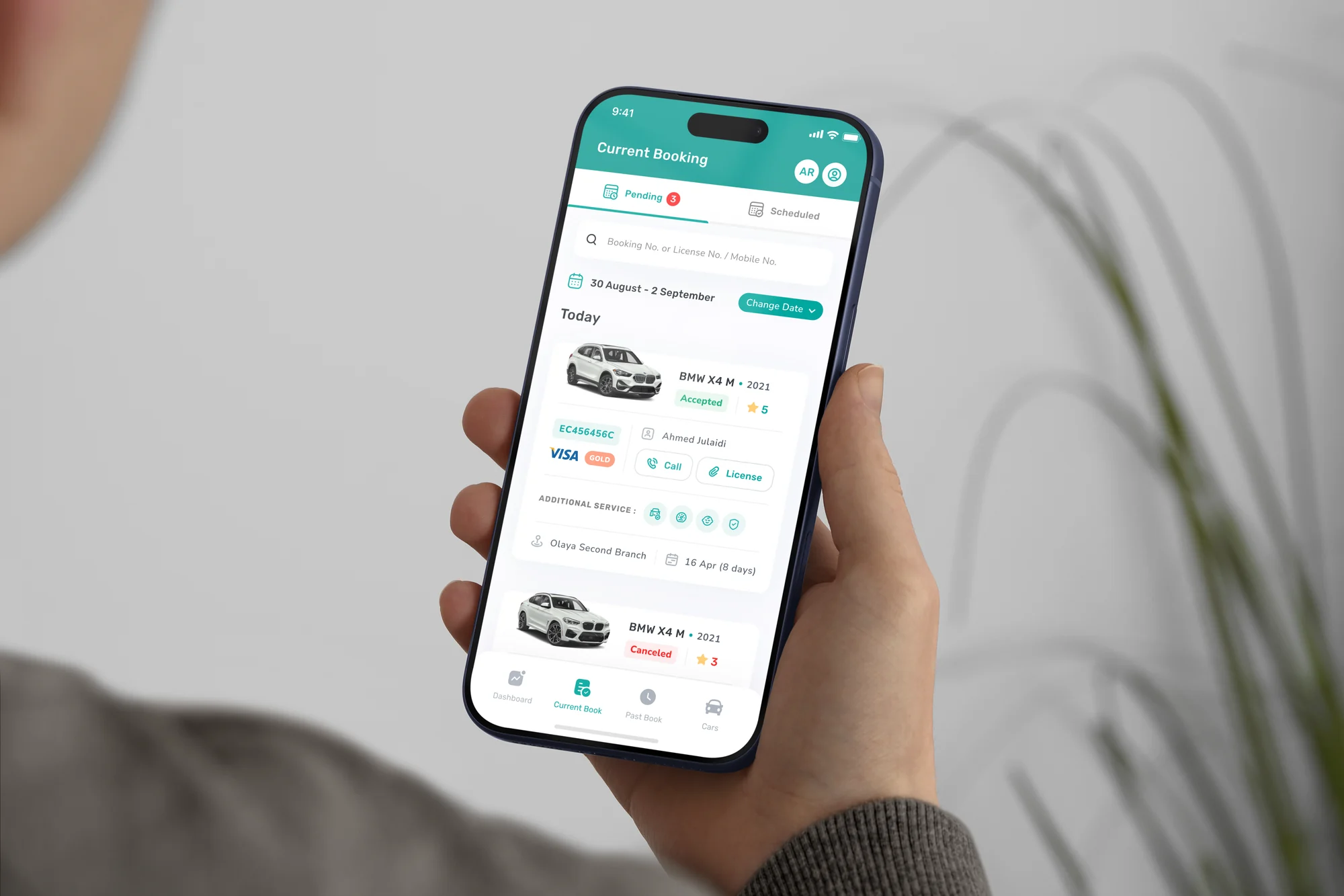 The Telgani agent app held in one hand, on a current bookings screen: pending and scheduled tabs, a date range, and booking cards showing the car, its rating and a status of accepted or cancelled.