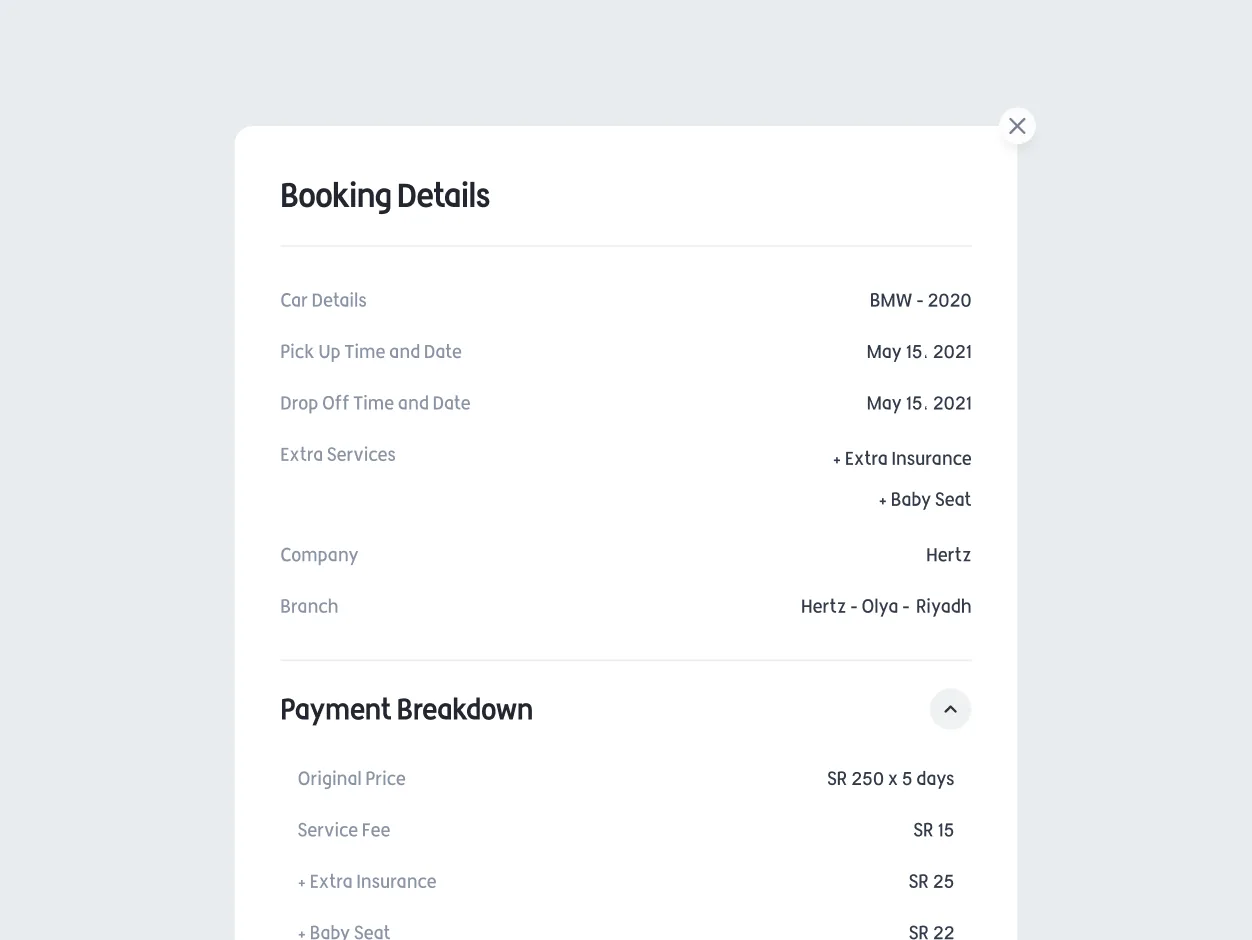A booking details panel: the car, pickup and drop-off dates, extra services, the rental company and branch, and a payment breakdown listing the daily rate, the service fee and each extra.