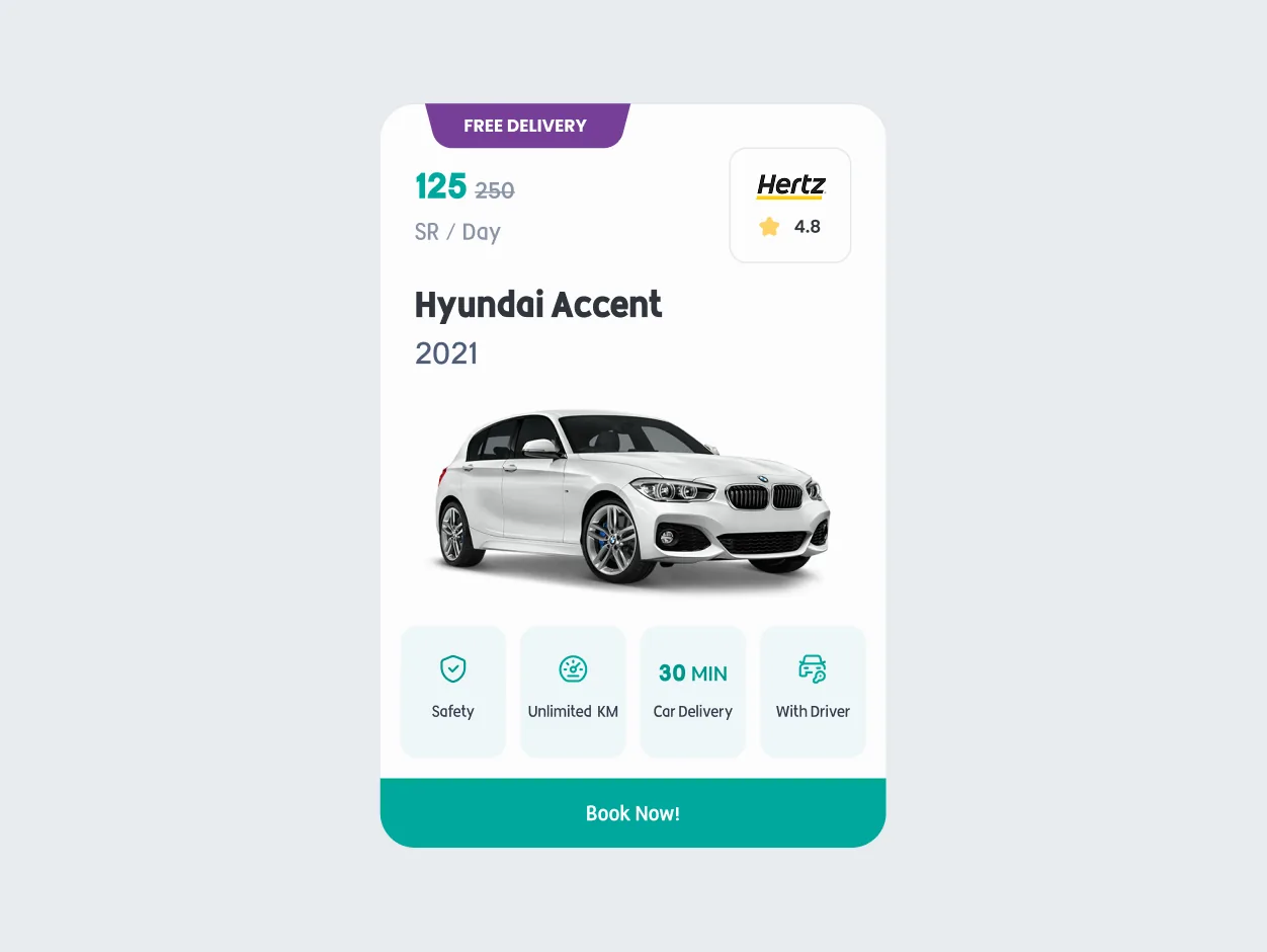 A car listing card: a discounted daily price, the rental company and its rating, the model and year, badges for safety, unlimited kilometres, thirty minute delivery and a car with driver, and a book now button.