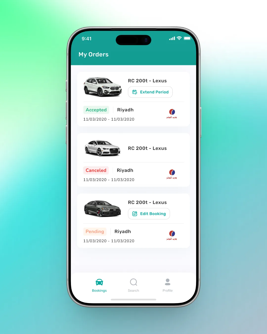 The customer app orders screen: three bookings, each with the car, the city, the dates, the rental company, and a status of accepted, cancelled or pending.
