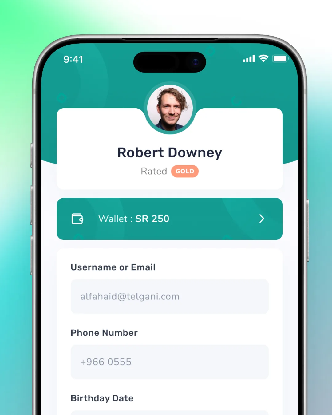 The top of the customer app profile screen: an avatar, a name with a gold rating, a wallet balance, and fields for email, phone number and birthday.