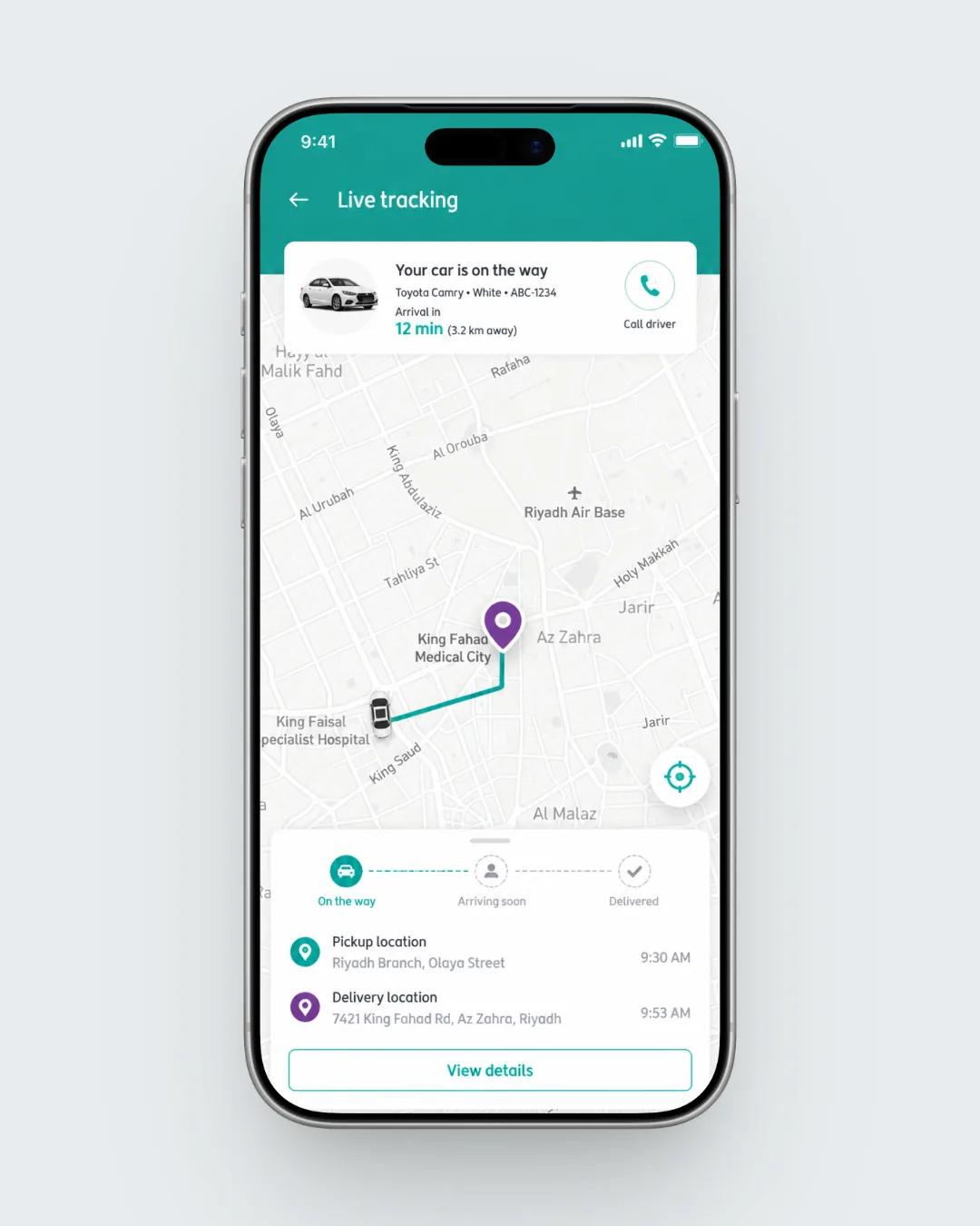 The customer app live tracking screen: a card naming the car and the minutes until arrival with a call driver button, a map showing the route, a three-step progress bar reading on the way, arriving soon and delivered, and the pickup and delivery addresses with times.
